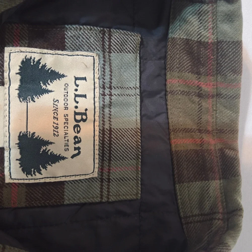 LL Bean Flannel Shirt Jacket Mens XL Blue Brown Plaid Quilted Insulated Lined